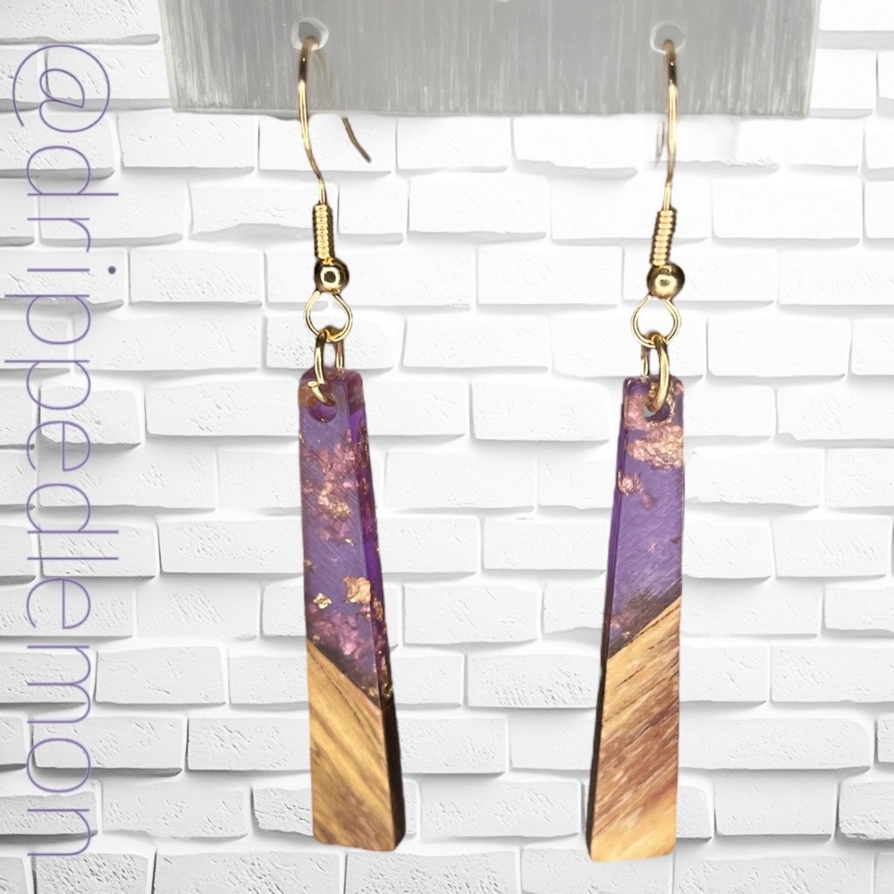 🆕 Wooden Gold Candy Purple Geometric Drop Earrings Beautiful Lightweight Women